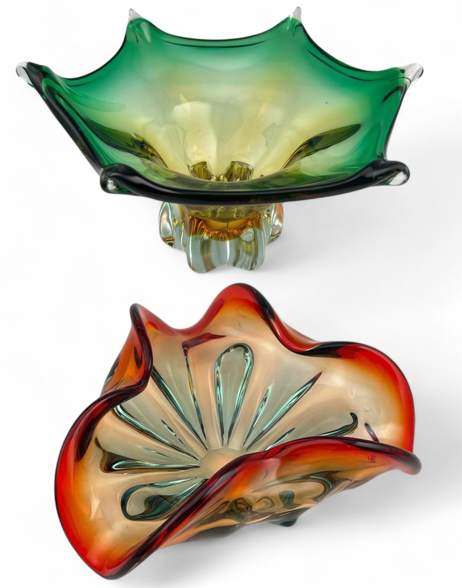 Murano Art Glass Footed Bowl & Dish: Murano Art Glass Footed Bowl & Dish. Approximately 5.875H x 10.25W in and 8.25L x 9.0W in.