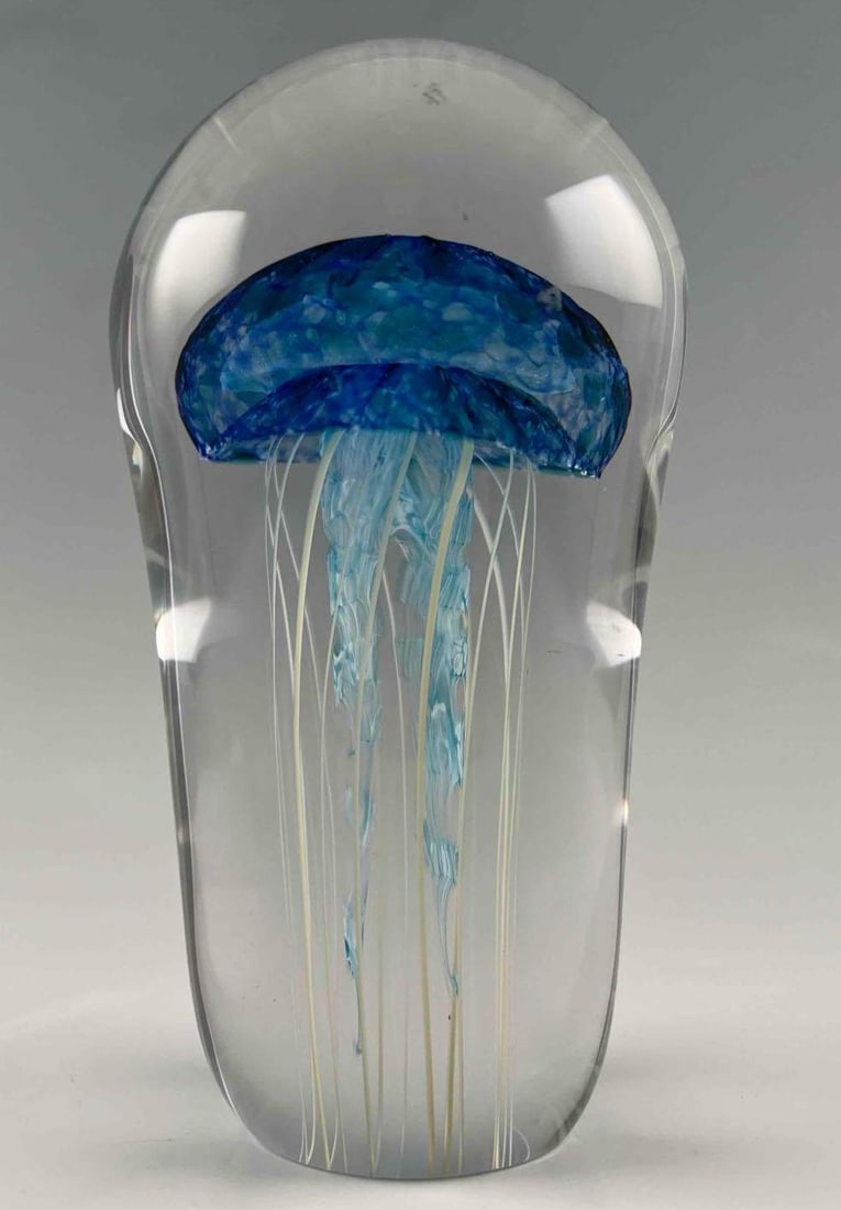 Art Glass Jellyfish Paperweight, Signed Illegibly: Art Glass Jellyfish Paperweight, Signed Illegibly. Approximately 6.625H x 3.625W in.