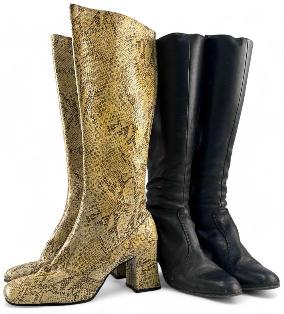 Two Pairs Of 1960's Leather Go-Go Boots, Including Snakeskin Print, Size 7 (1 of 16)