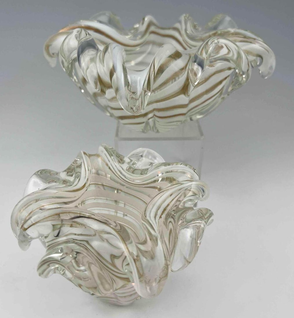 Two Murano Gold Fleck Art Glass Bowls: Two Murano Gold Fleck Art Glass Bowls. Larger approximately 7.375W x 3.5H in. Smaller approximately 4.875W 3.5H in.