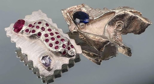 Sterling Silver Pink & Blue Sapphire Modernist Pendant And Brooch