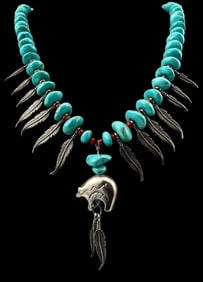 Sterling Silver Southwestern Style Bear & Feather Necklace