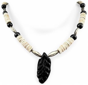 Unusual Native American Sterling Silver, Metallic Pottery & Heishi Bead Necklace