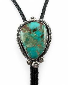 Native American Hand Stamped Sterling Silver Turquoise Bolo Tie