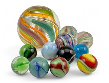 Grouping Of Older Glass Marbles, Including Large Transparent Swirl & Agates