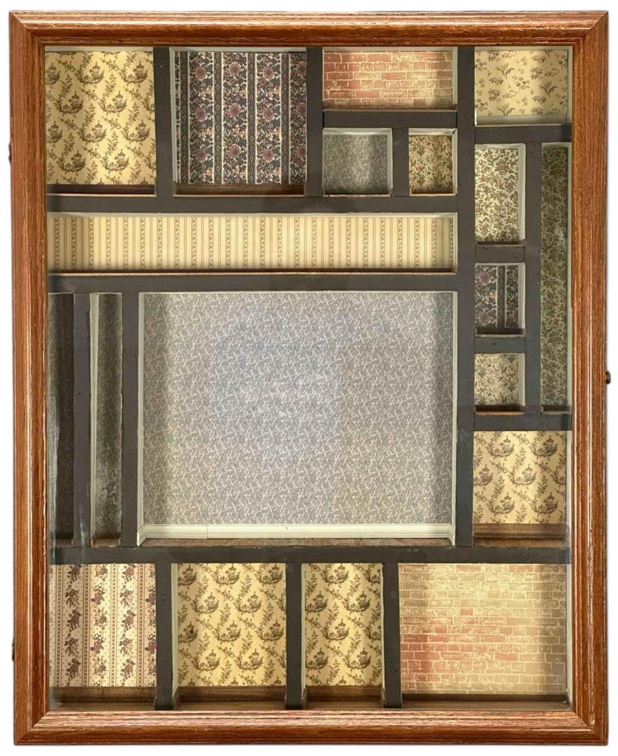 Dollhouse Diorama Shadowbox With Wallpapered Rooms & Wood Plank Floors (1 of 13)