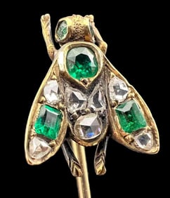 Antique 18K, 14K Diamond Emerald Fly Pin