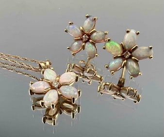 14K Opal Diamond Necklace & Earring Set