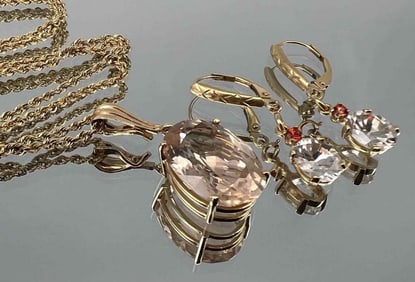 14K Pink Topaz Necklace & Earrings