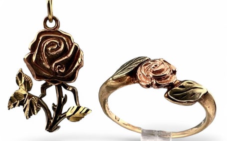 14K, 10K Black Hills Gold Rose Ring & Pendant