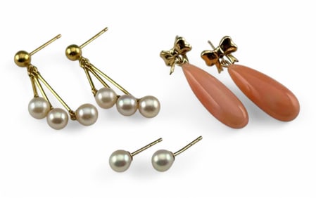 Three Pairs 14K Pearl & Coral Earrings