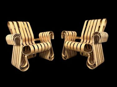 Frank Gehry For Knoll Furniture, Pair Of "Power Play" Bent Maple Arm Chairs