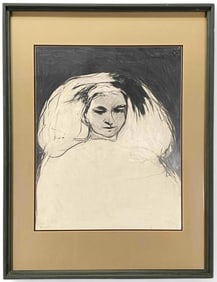 B. Bishop, Portrait Of Woman, Charcoal Drawing On Paper