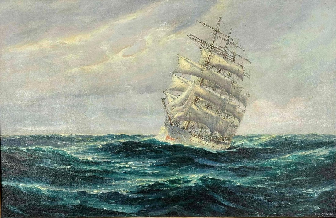 Frank Schnieder, (American, 1881-1935), Ship On Stormy Sea, Oil On Canvas: Frank Schnieder, (American, 1881-1935), Ship On Stormy Sea, Oil On Canvas. Sight approximately 35.375W x 23.375H. As framed approximately 42.0W x 30.5H x 1.625D in.