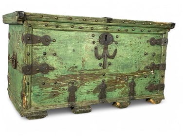 Antique Green Painted Trunk With Decorative Iron Work