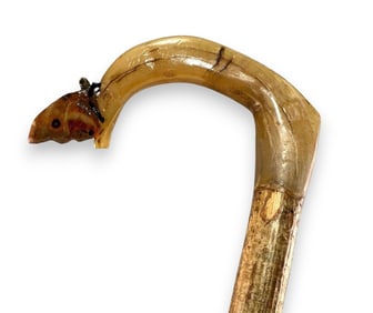 Folk Art Carved Sheep's Horn Shepherd's Crook Walking Stick