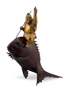 Japanese Cast Iron Ebisu Riding Giant Fish Figure