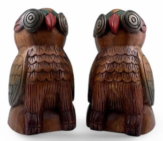 Figural Carved Wood Owl Bookends