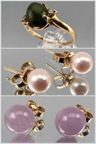 14K Jade Diamond Ring, Lavender Jade & Pearl Post Earrings