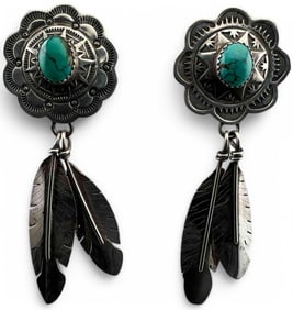 L. Blackgoat, Navajo Sterling Silver Turquoise Feather Earrings
