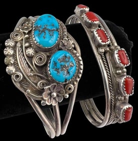 Two Native American Sterling Silver Turquoise & Coral Cuff Bracelets