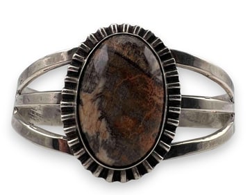Native American Hand Stamped Sterling Silver Petrified Wood Cuff Bracelet