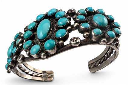 Native American Sterling Silver Turquoise Cuff Bracelet, Ca. Mid 20th Century