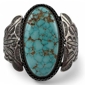 Vintage Native American Hand Stamped Sterling Silver Turquoise Cuff Bracelet