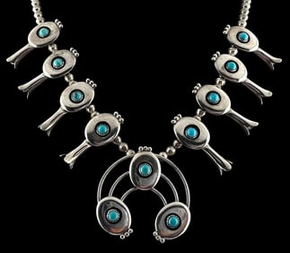 Native American Sterling Silver Turquoise Squash Blossom Necklace