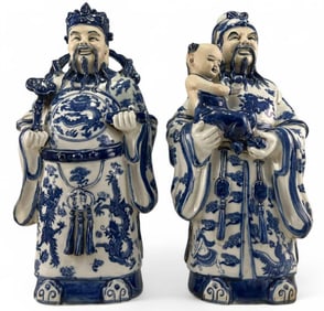 Pair Of Large Chinese Blue and White Glazed Immortal Porcelain Figures