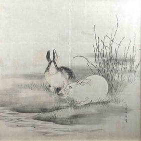 Kono Bairei, Portrait Of Black & White Rabbits, Watercolor On Paper