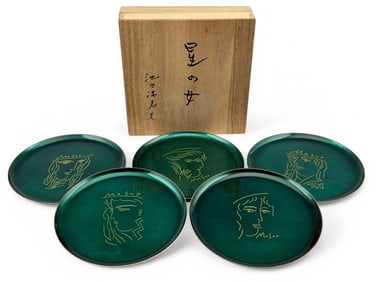 Masuo Ikeda, "Woman Of The Stars" Set Of Japanese Modern Cloisonne Small Plates Or Dishes