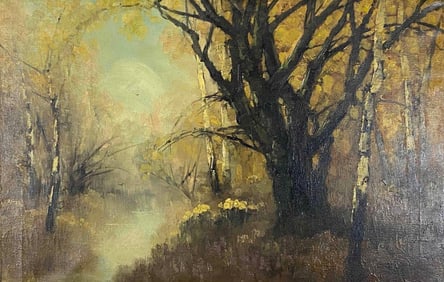 European School Forest Autumn Landscape With Birch Trees, Oil On Canvas
