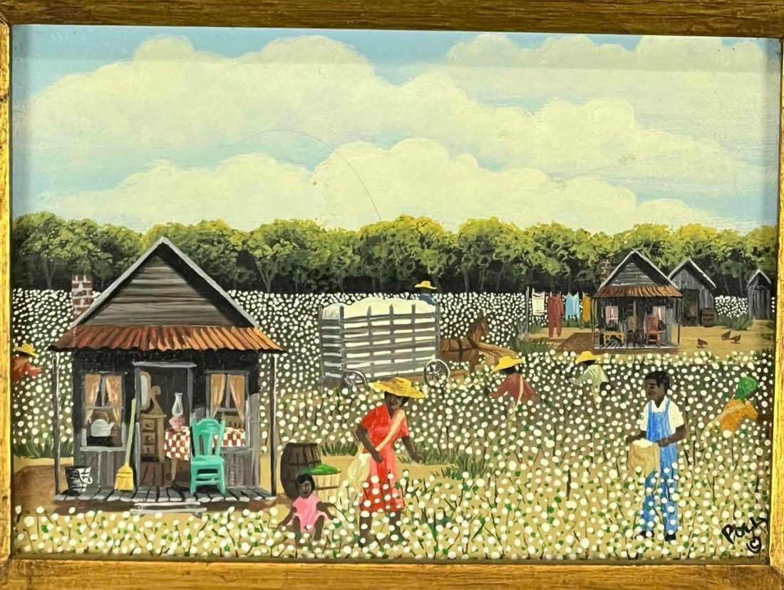 Polly M. (Louisiana, 20th C.), American Folk Art Cotton Picking Scene, Acrylic On Board (1 of 16)