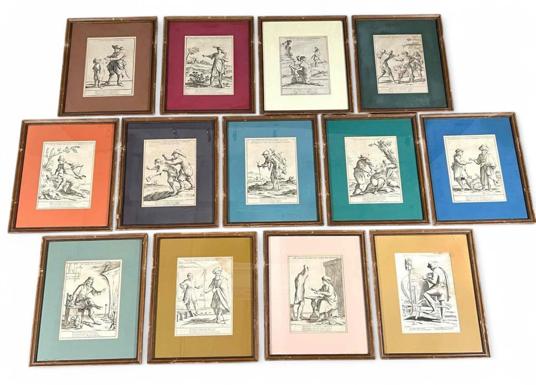Giuseppe Maria Mitelli, 13 Plates from Proverbi figurati consecrati al Serenissimo Principe: Giuseppi Maria Mitelli, Thirteen Antique Etchings from Proverbi figurati consecrati al Serenissimo Principe Francesco Maria di Toscana, 1678. Each plate, as framed, approximately 18.25H x 15.25W in. S