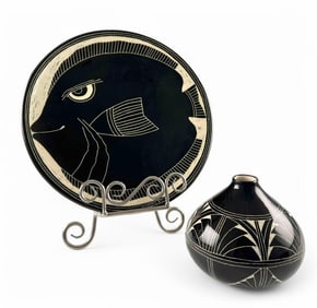 Nelson & Ronald Curras (Cuba/Florida, 20th C.) Modern Art Pottery Relief Carved Vase & Plate