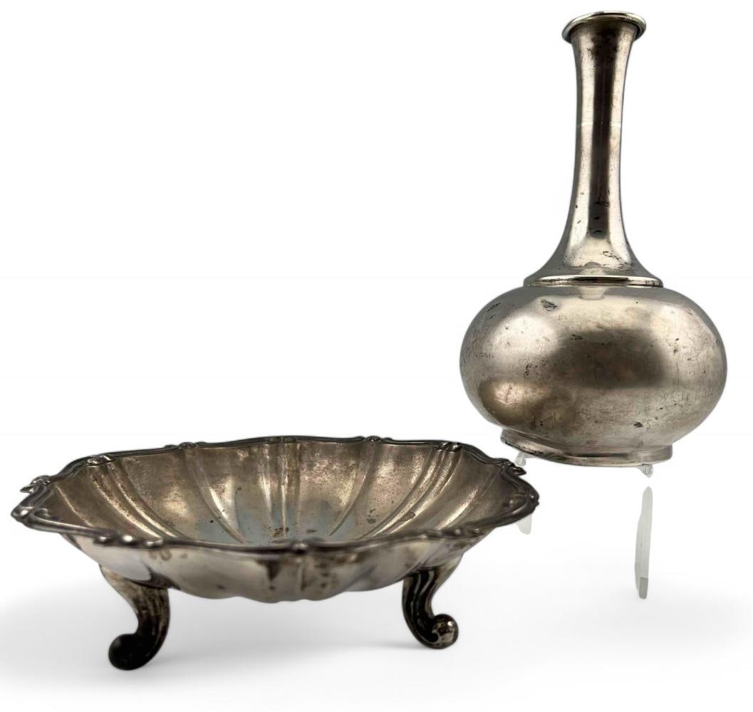 Silver Vase & Footed Bowl: Silver Vase & Footed Bowl. Vase marked Sterling, 100.4g. Bowl marked 800, 100.1g. Vase approximately 6.5H x 4.0W in. Bowl approximately 6.375W x 2.0H in. ALL CREDIT CARDS WILL BE MANUALLY VERIFIED PRI