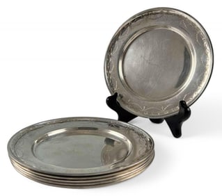 Set Of Six Etched Sterling Silver Dessert Plates