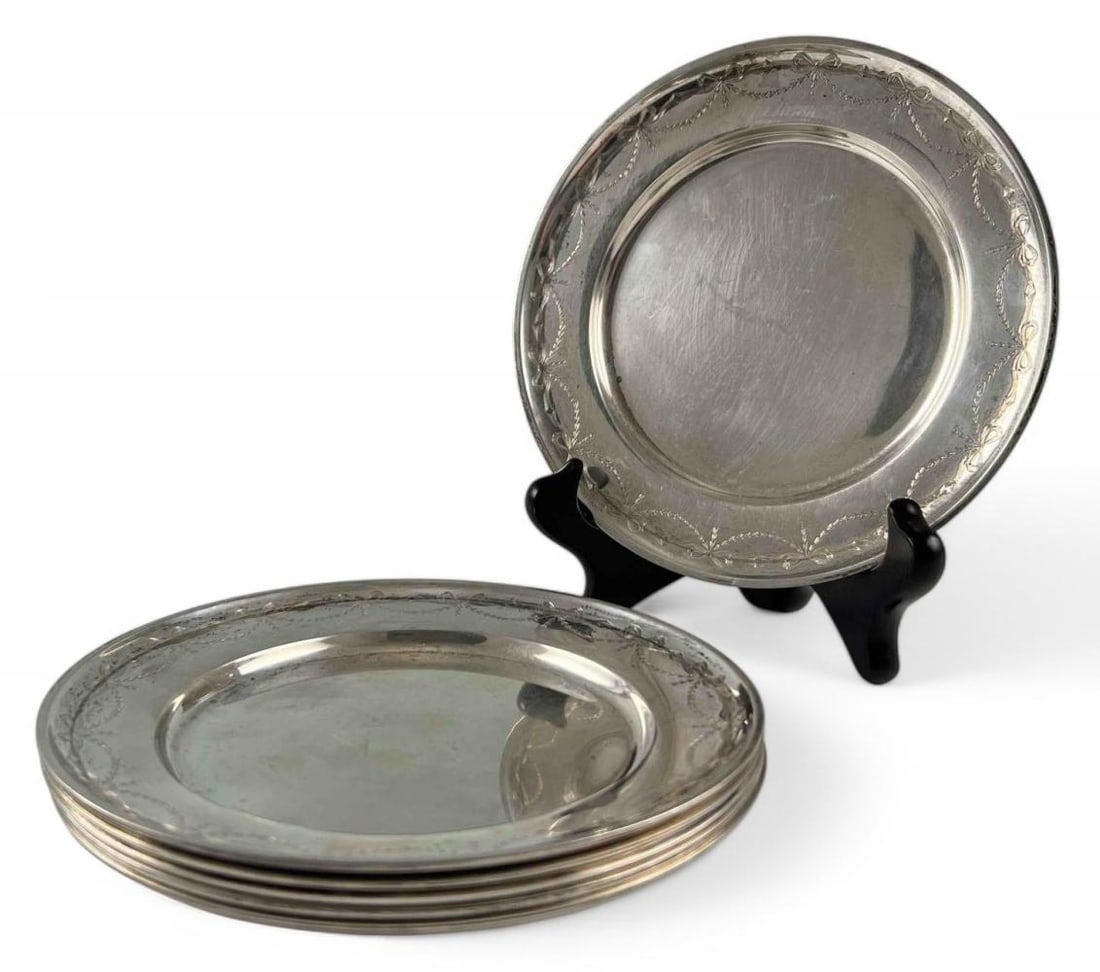 Set Of Six Etched Sterling Silver Dessert Plates (1 of 9)