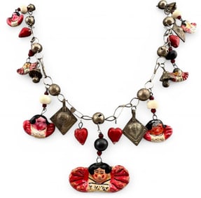 Vintage Mexican Wedding Necklace With Papier Mache Hearts & Angels