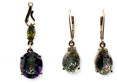 14K Mystic Topaz Peridot Pendant & Earrings