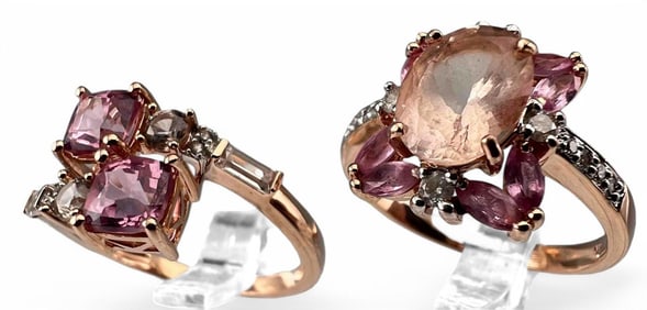 Two 10K Rose Gold Pink & White Sapphire Rings