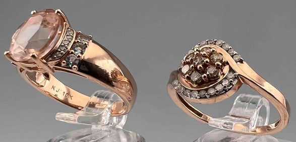 Two 10K Rose Gold Diamond & Semiprecious Stone Rings