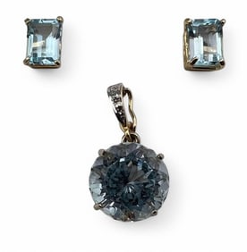 14K Blue Topaz Pendant & Earrings