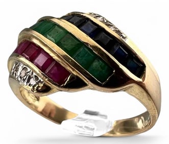 14K Ruby Emerald Sapphire Diamond Cocktail Ring