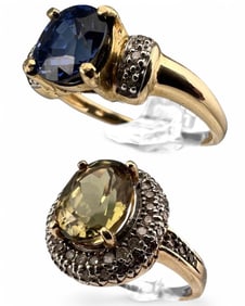 Two 10K Blue & Yellow Sapphire Diamond Rings