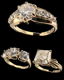 Three 10K Moissanite & Semiprecious Stone Rings