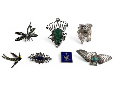Sterling Silver Jewelry Group Including Large Enamel Dragonfly Brooch