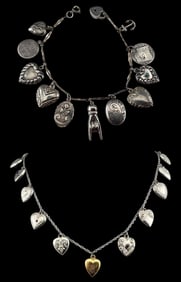 Sterling Silver Puffy Heart Necklace And Bracelet With 24 Vintage & Antique Charms