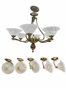 Framburg Hollywood Regency Polished Brass Six Arm Chandelier & Sconces